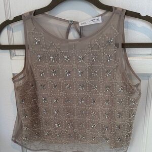 NWT Zara Taupe Embellished Blouse Size 13-14